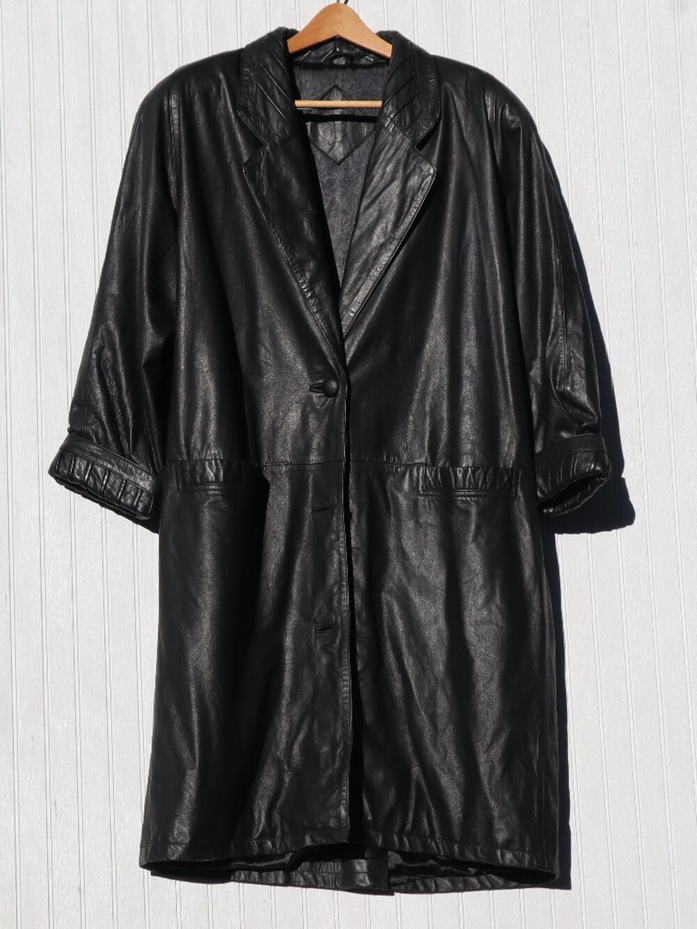 J Ferrar Pleated Long Black Leather Jacket